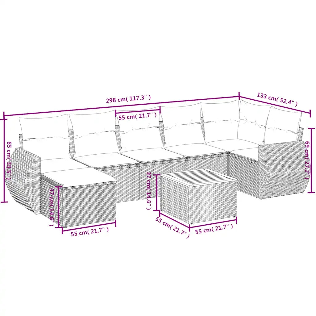 Set Divani da Giardino 8 pz con Cuscini Grigio in Polyrattan 3225116