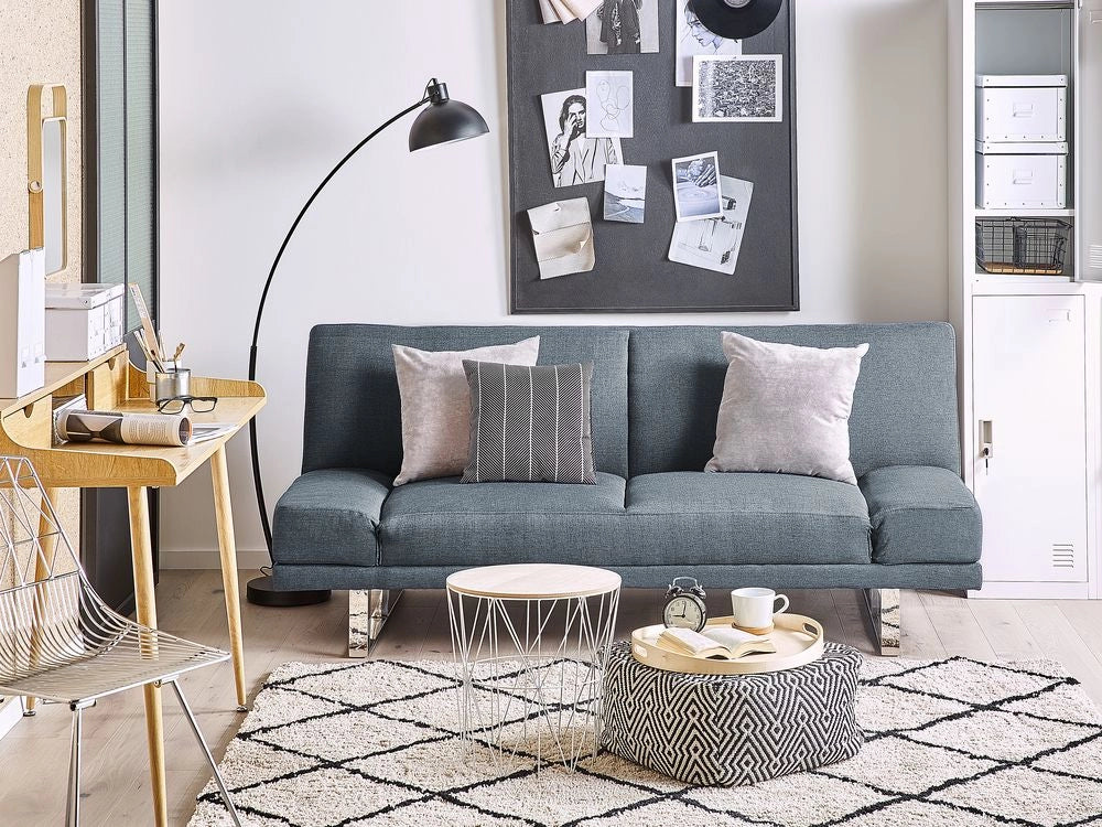Divano Letto Rivestimento Tessuto Blu Scuro 4 Posti Meccanismo Click Clack Braccioli Regolabili