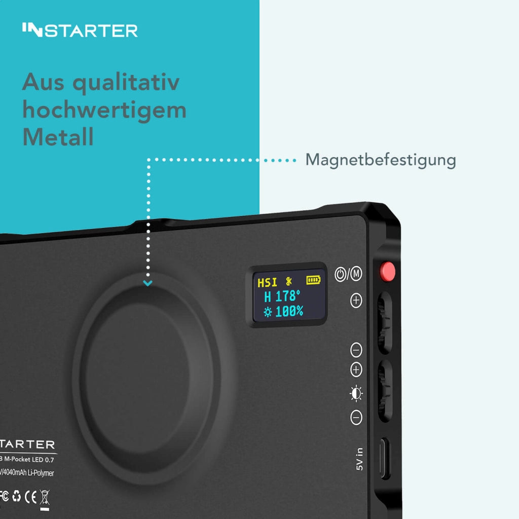 Instarter Faretto per fotografia, Pannello LED RGB per studio fotografico da 10 W, Luce tascabile per smartphone, controllo tramite App, illuminazione 3200-7500K