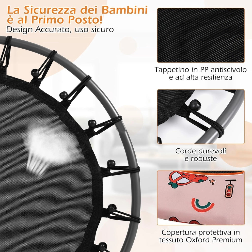 Trampolino per Bambini da Interno ed Esterno, Tappeto Elasctico Bambini 3-6 Anni in Acciaio con Maniglia Rimovibile, Luci LED, Cuscinetti Antiscivolo e Copertura Protettiva