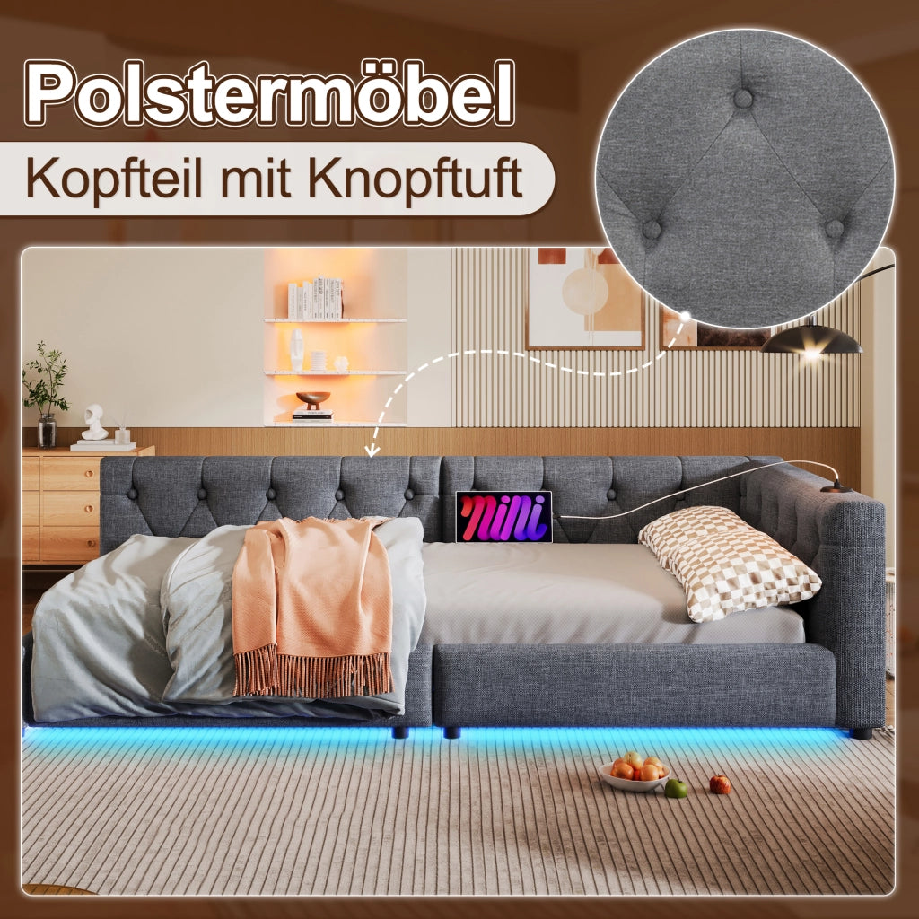 Divano letto 90 × 200 cm 1 piazza con USB, Type-C e LED, senza materasso, in lino, grigio
