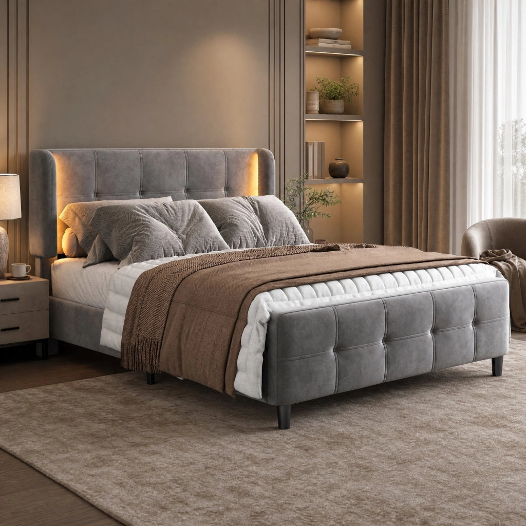 Letto matrimoniale imbottito grigio 140x200 cm con LED