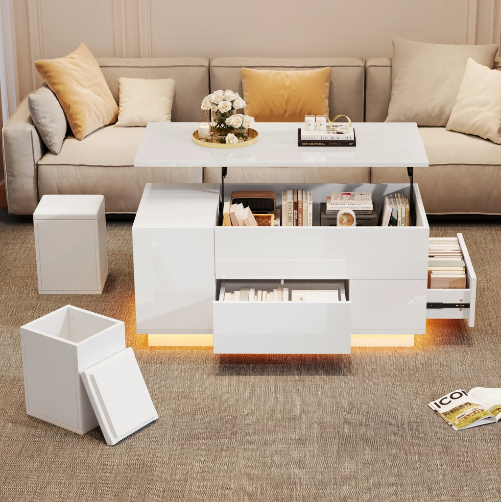 Tavolino da salotto sollevabile 100x50x45 cm in truciolare bianco con LED; 2 cassetti e 2 sgabelli