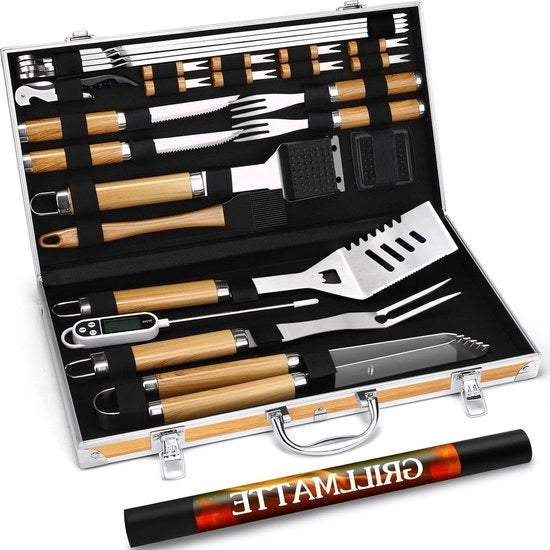 Set di forchette BBQ in acciaio inossidabile a 26 pezzi con contenitore portatile - accessori per barbecue per uomini - compreso termometro per carne