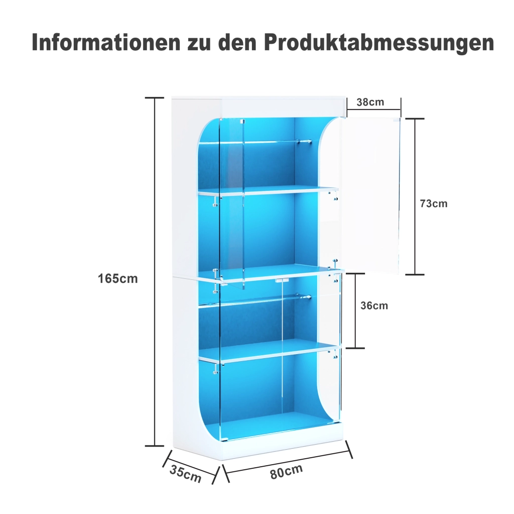 Vetrina in vetro con LED; porta a pressione e ricarica USB-C; 80x35x165 cm; bianco