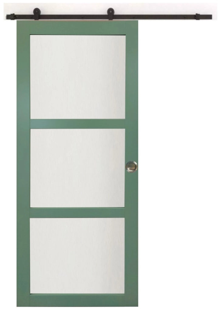 Porta scorrevole in vetro verde H204 x L83 + rulliera + 2 gusci senza maniglia