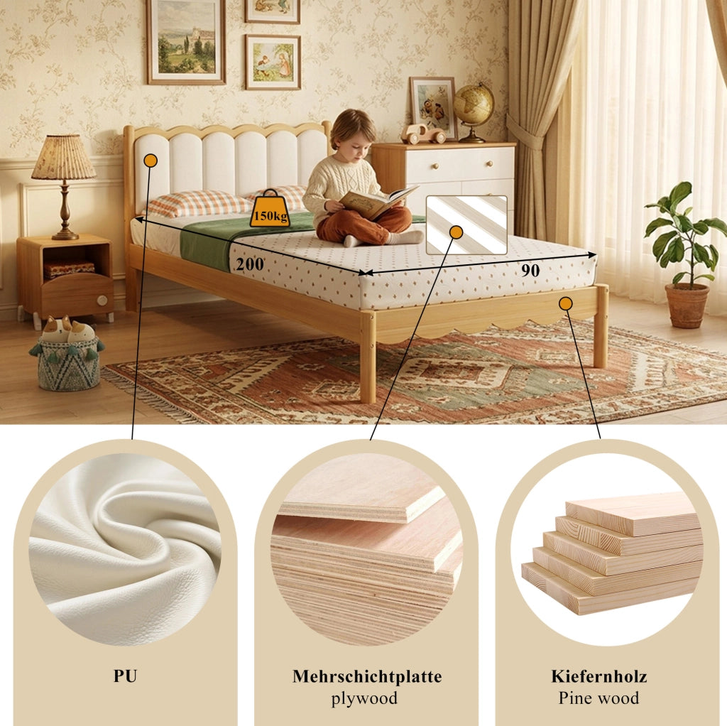 Letto singolo imbottito per bambini 90x200 cm beige naturale