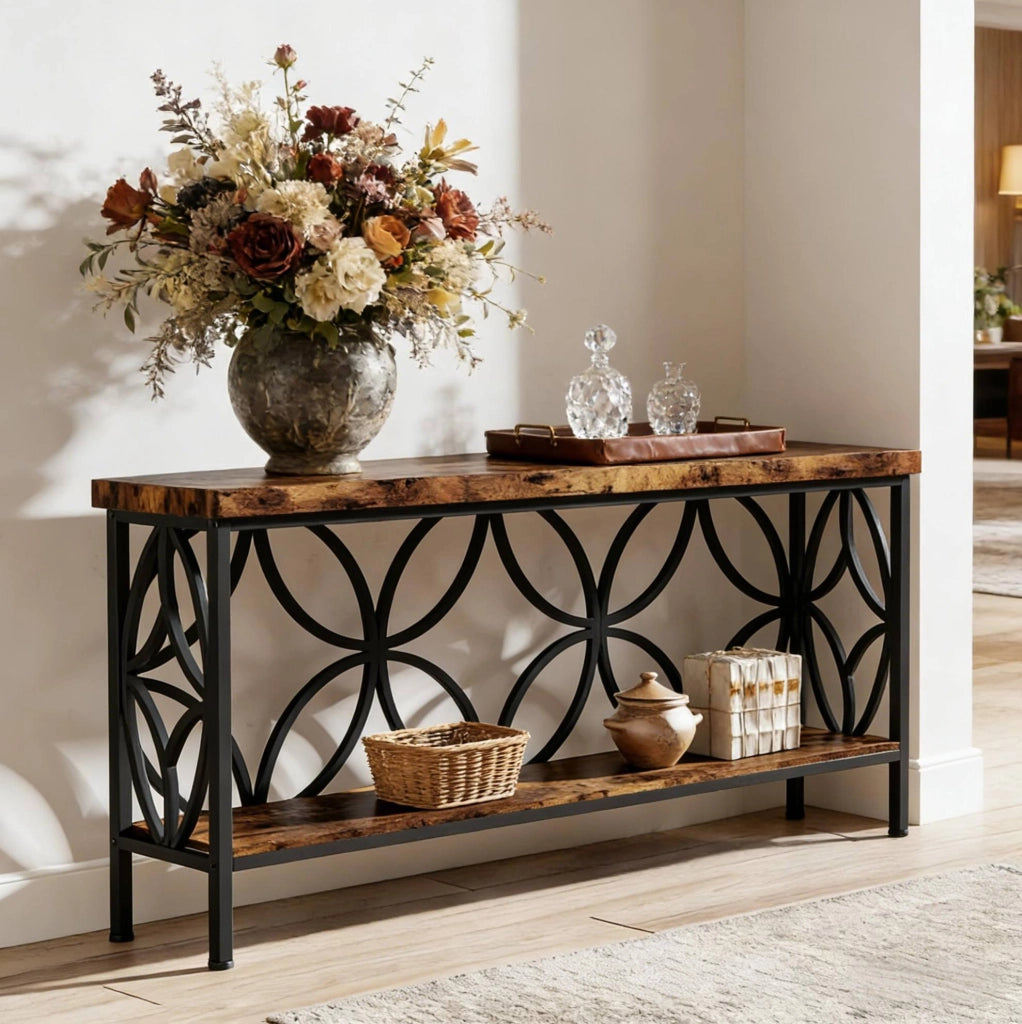 Console industriale 160x30x80 cm nero e marrone rustico, 2 ripiani, metallo e legno