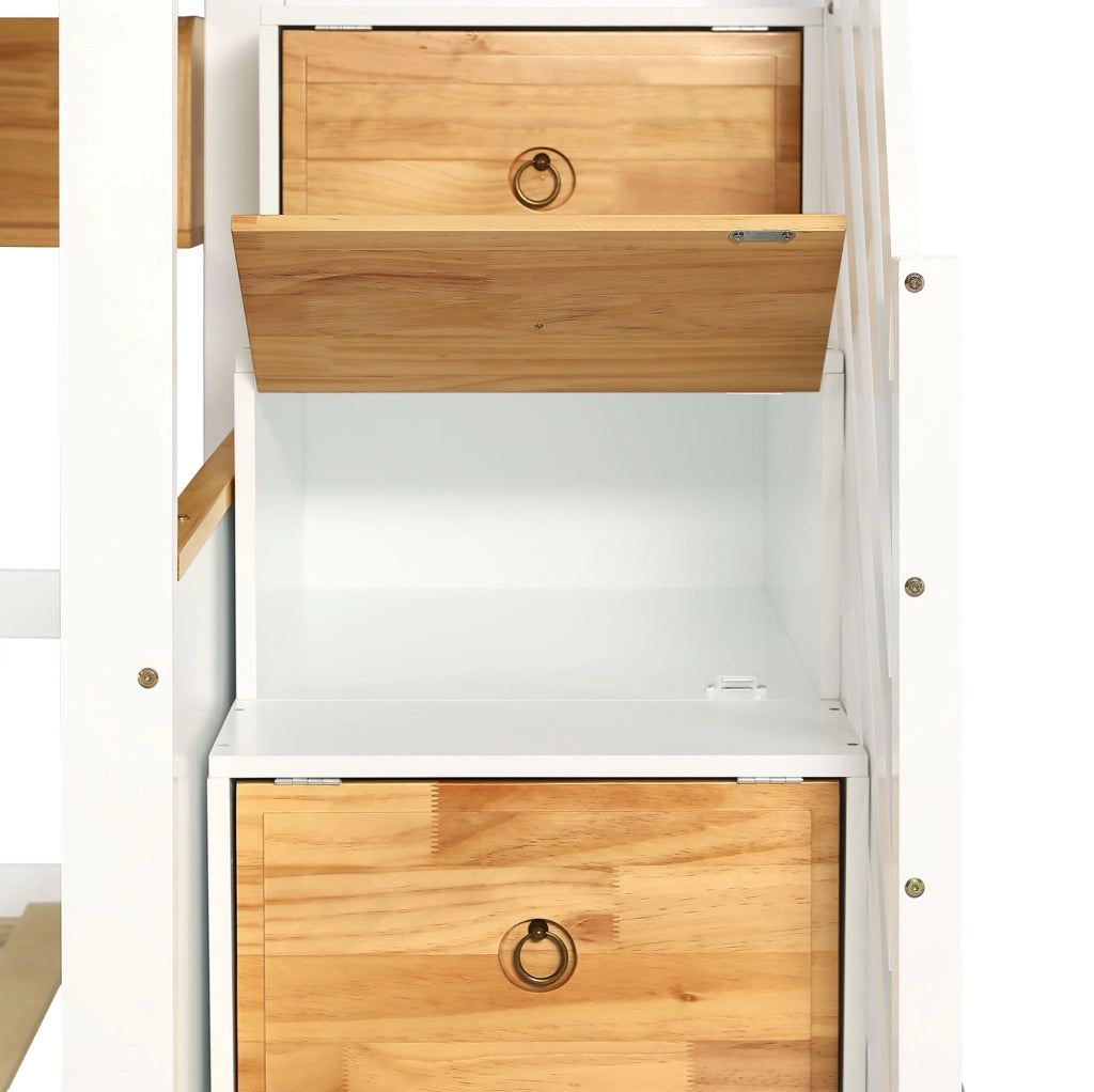 Letto a castello 90x200 cm con scala contenitore, 2 cassetti e ripiani
