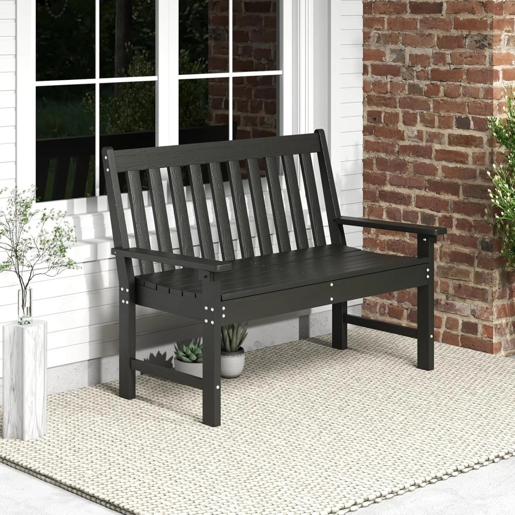 Panca da giardino per 2 persone, panca da parco in plastica con schienale alto, panca da esterno, resistente alle intemperie, per giardino, patio, terrazza, 132 x 65 x 91 cm