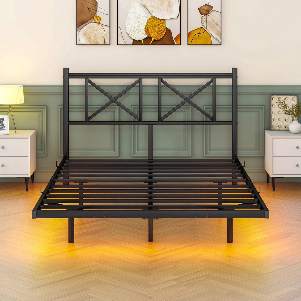 Letto Matrimoniale con LED e Stazione di Ricarica ¨C MINIMAL ¨C Metallo Nero 140x200