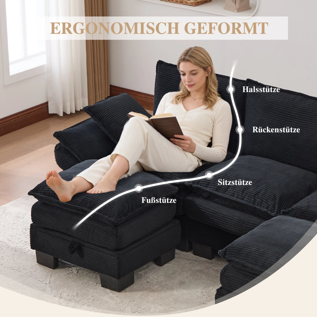 Divano modulare 3 posti con pouf, porta USB-C e tasche laterali, in velluto a coste nero 260 × 132 × 84 cm