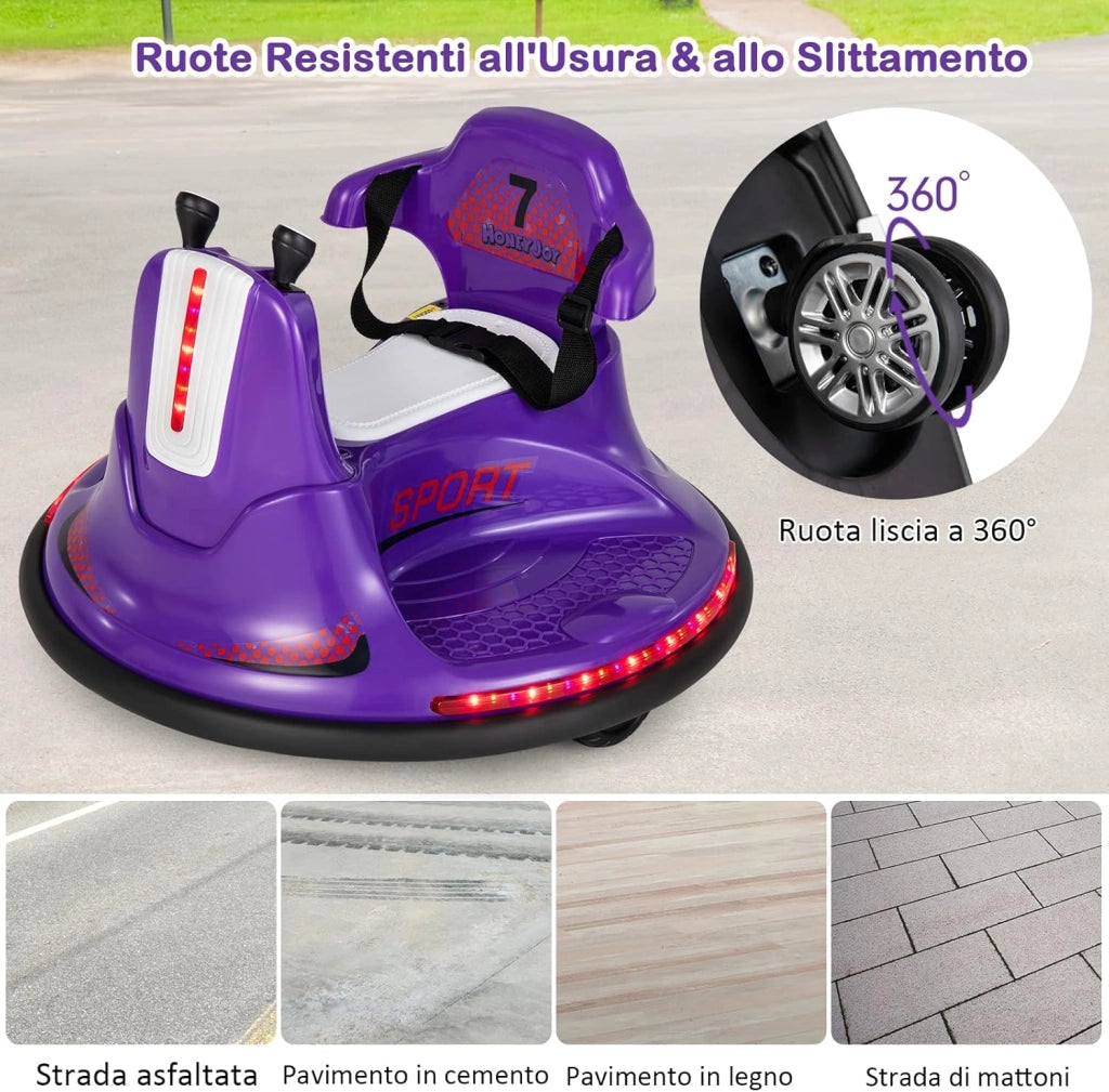 6V Autoscontro Elettrico per Bambini, Veicolo Elettrico con Telecomando, Girevole a 360°, Luci LED Colorate e Cintura di Sicurezza Regolabile, 37-95 Mesi (Viola)