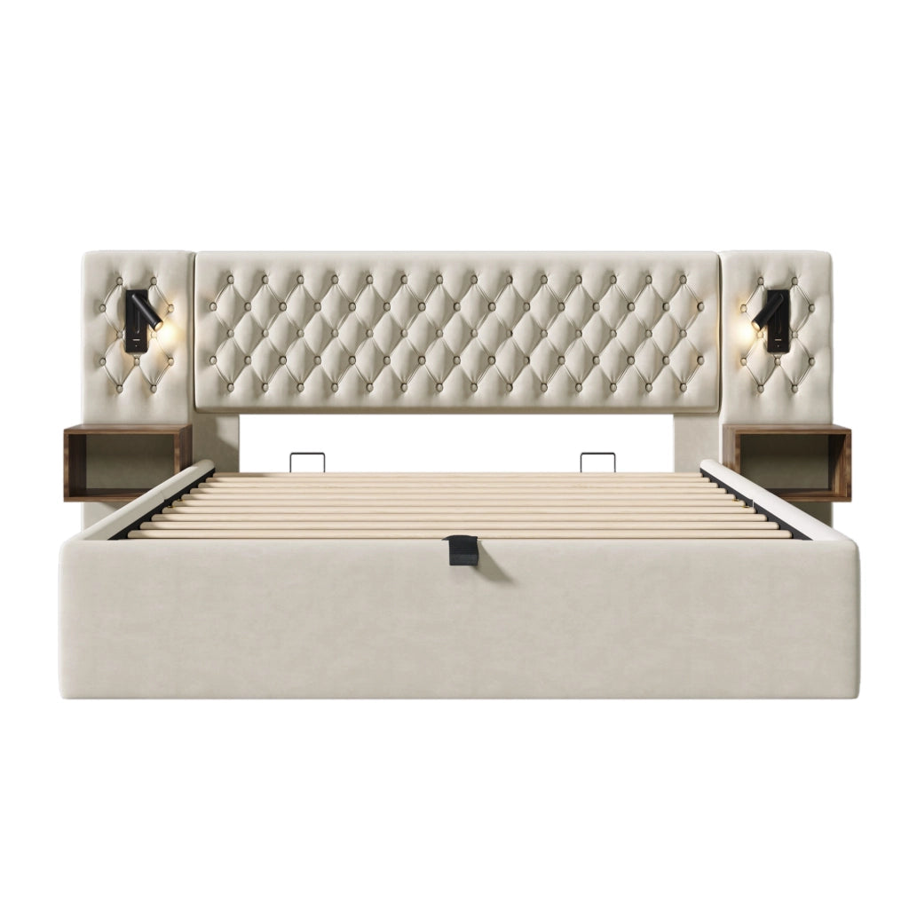 Letto matrimoniale 160x200 cm con contenitore idraulico; 2 comodini; luci lettura e porte USB; beige in velluto