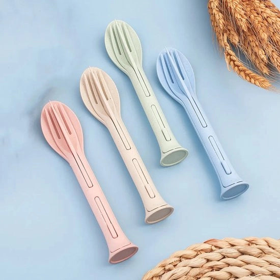 Set da cucina 4 in 1 – Utensile 3 in 1 riutilizzabile e portatile (cucchiaio, forchetta, coltello) – Ecologico e BPA libero – Adatto a bambini e adulti – Ideale per viaggi, picnic e campeggio