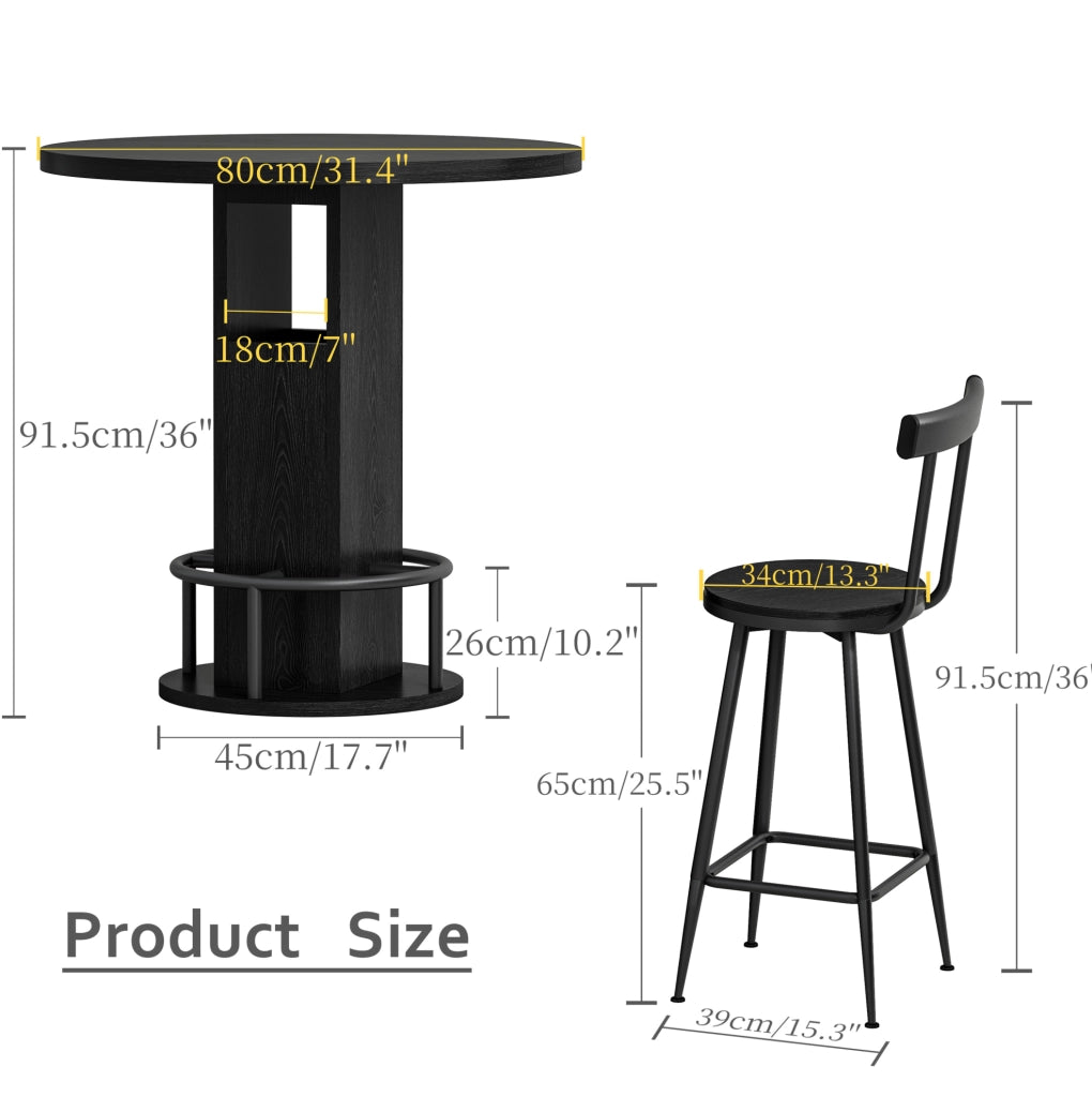 Set tavolo da bar ULEVR 3 pezzi con tavolo rotondo ?80 cm e 2 sgabelli, ripiani integrati, nero