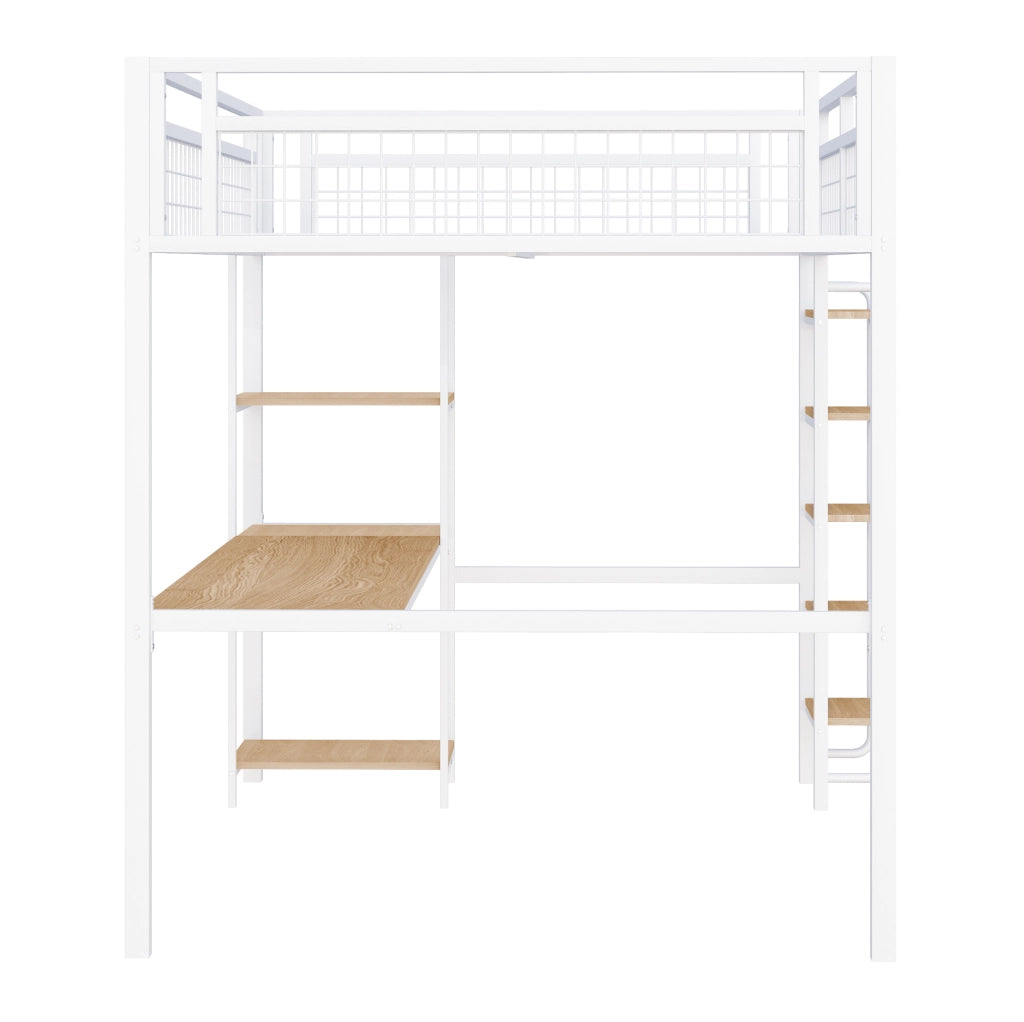 Letto a soppalco in metallo 140x200 cm bianco con scrivania; ripiani e scala di sicurezza