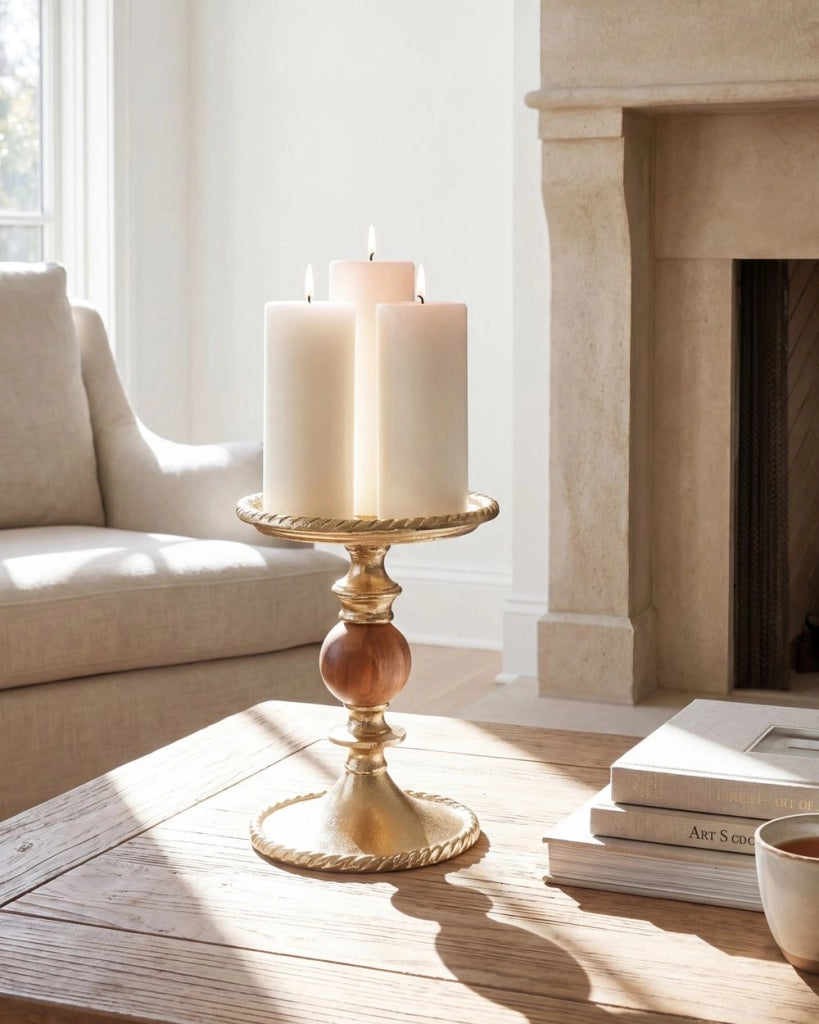 Portacandele in alluminio e legno di acacia design moderno color oro 31 cm