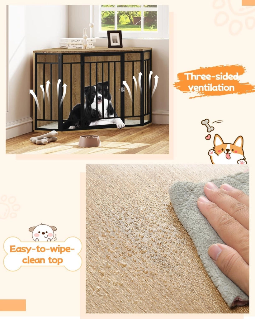 Gabbie per Cani da Interno, Gabbia per Cani ad Angolo, 111x60x67cm Kennel Cane Grande Media, Gabbia in Legno Decorativa con Porta Bloccabile, Sopporta Massima di 70kg
