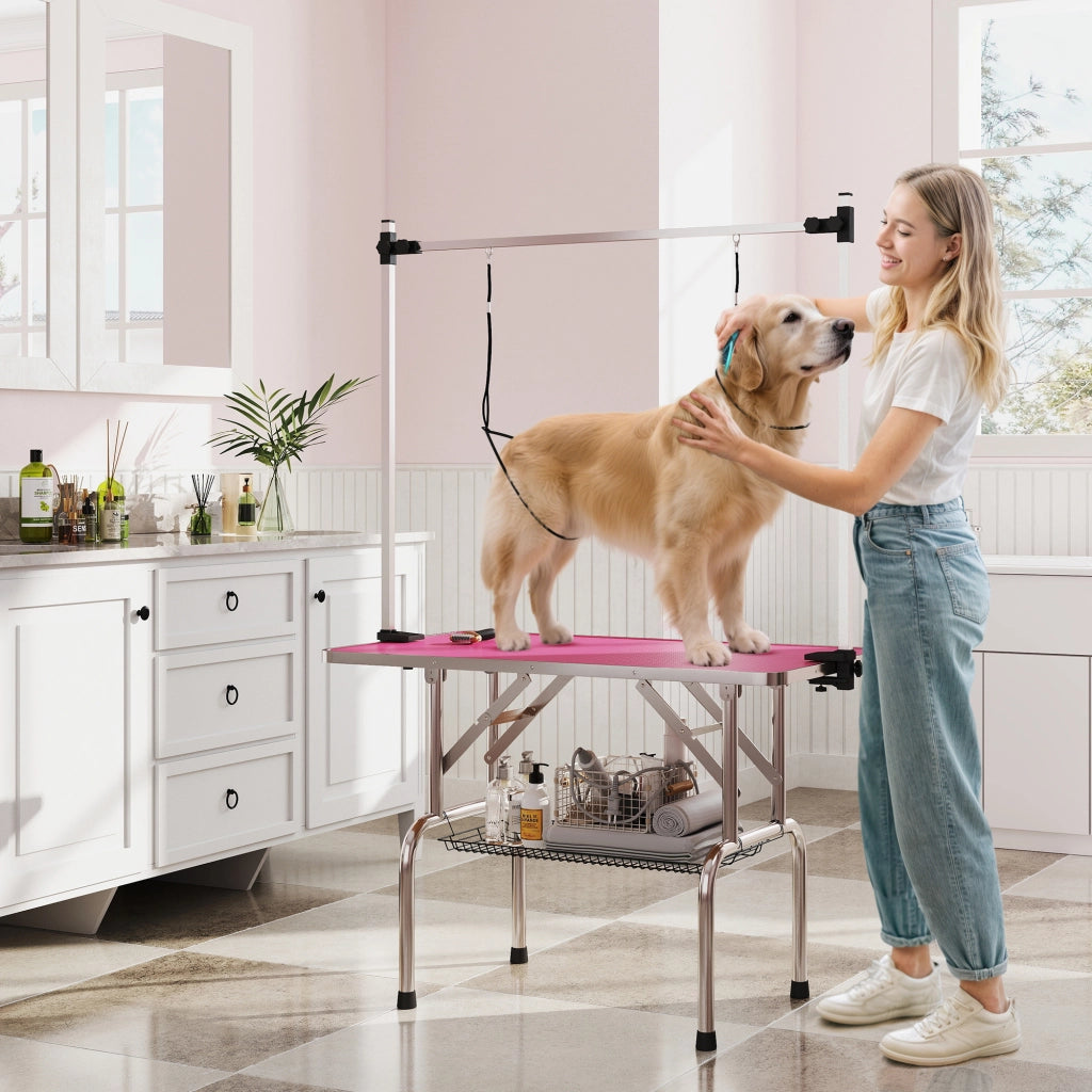 Tavolo pieghevole per toelettatura cani con cesto metallico e barra in acciaio inox regolabile ¨C zephmum ¨C 107x60x164 cm rosa