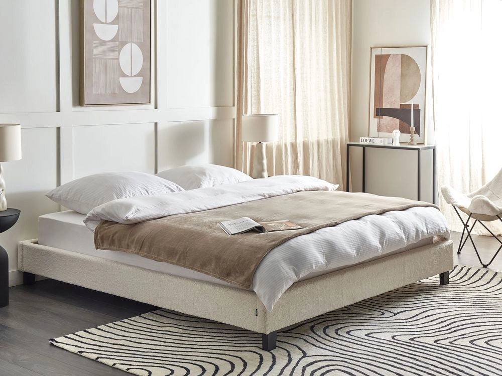 Letto 180 x 200 cm in bouclé beige chiaro con rete a doghe senza testiera