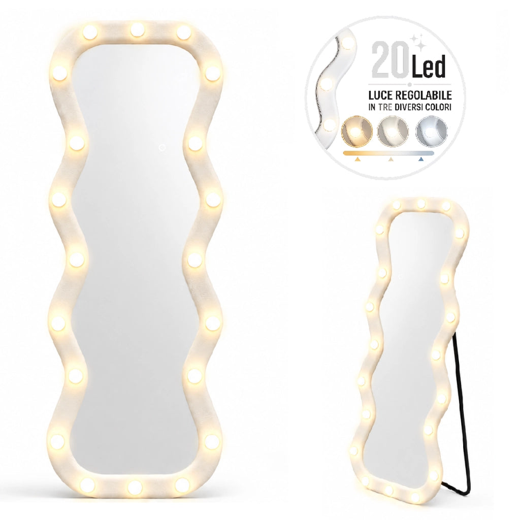 Specchio Grande Ondulato 60x160 cm con 20 Led, Cornice in Velluto Bianco Moderno Accensione Touch