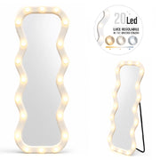 Specchio Grande Ondulato 60x160 cm con 20 Led, Cornice in Velluto Bianco Moderno Accensione Touch