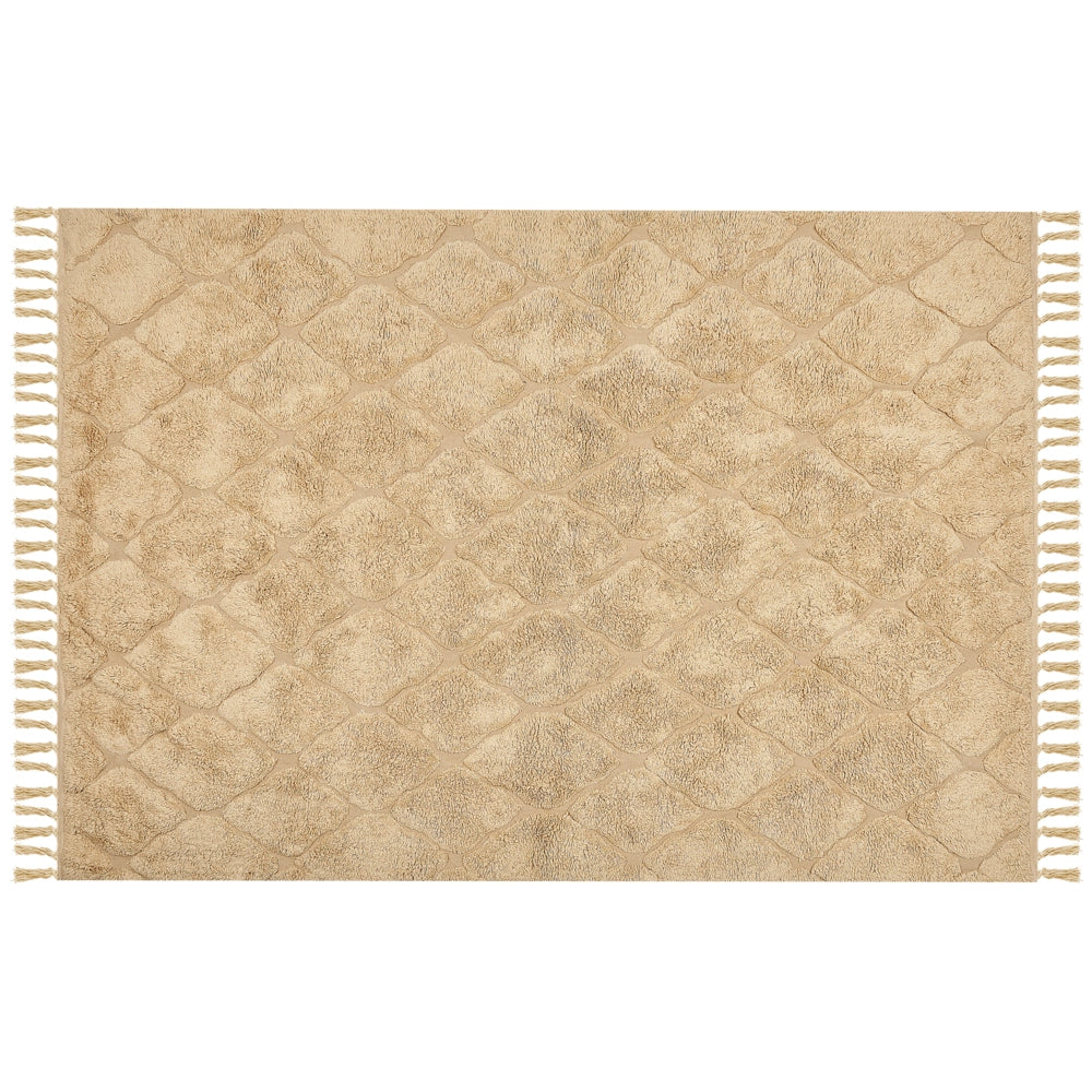 Tappeto beige in cotone trapuntato motivo geometrico con nappe 160 x 230 cm stile boho soggiorno camera da letto