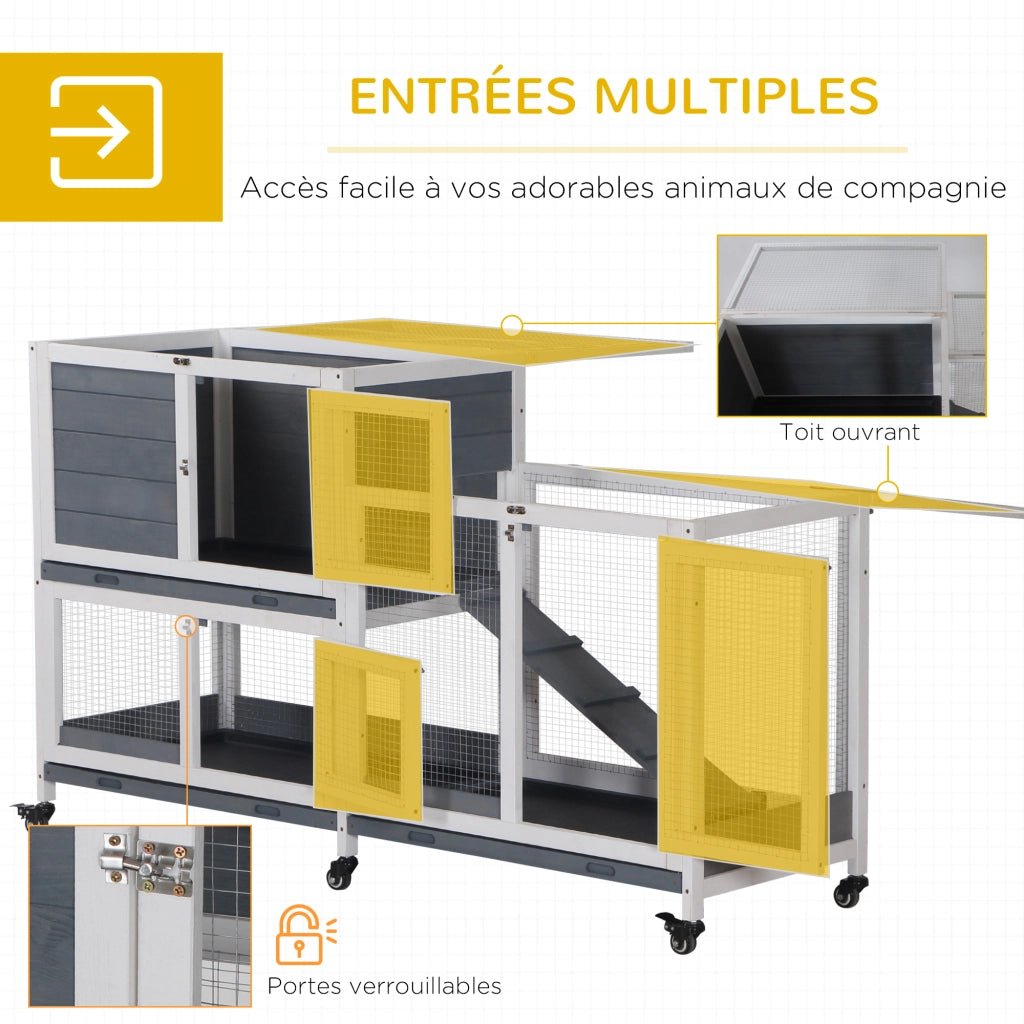 Casetta per conigli 2 piani con ruote ¨C zephmum ¨C 147x45.5x88.5 cm grigio e bianco