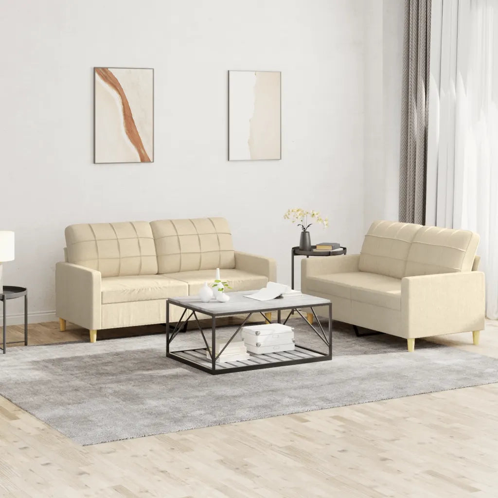 Set di Divani 2 pz con Cuscini Crema in Tessuto
