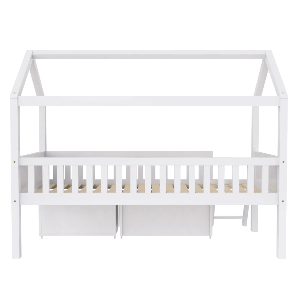LETTO a casetta 90x200 cm in legno massello bianco con scala e cassetti