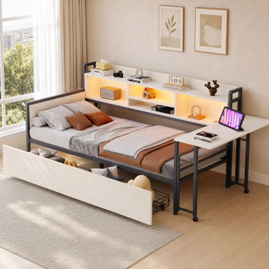 LETTO Multifunzionale 90x200 cm Metallo Bianco con Scrivania e Cassetti
