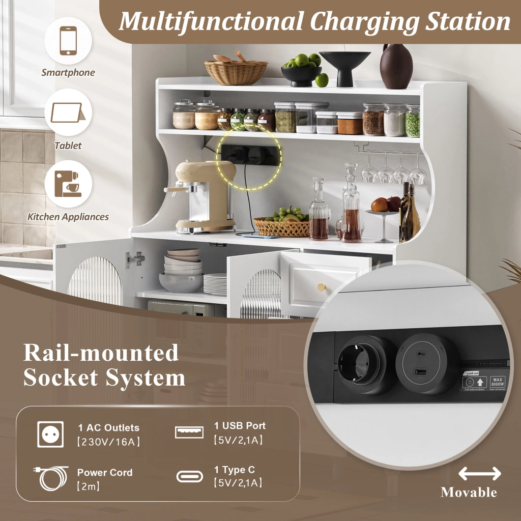 Mobile Bar con 3 Cassetti; Ripiani Regolabili; Portabicchieri e Presa USB Tipo C per Cucina 120x40x138.5 cm
