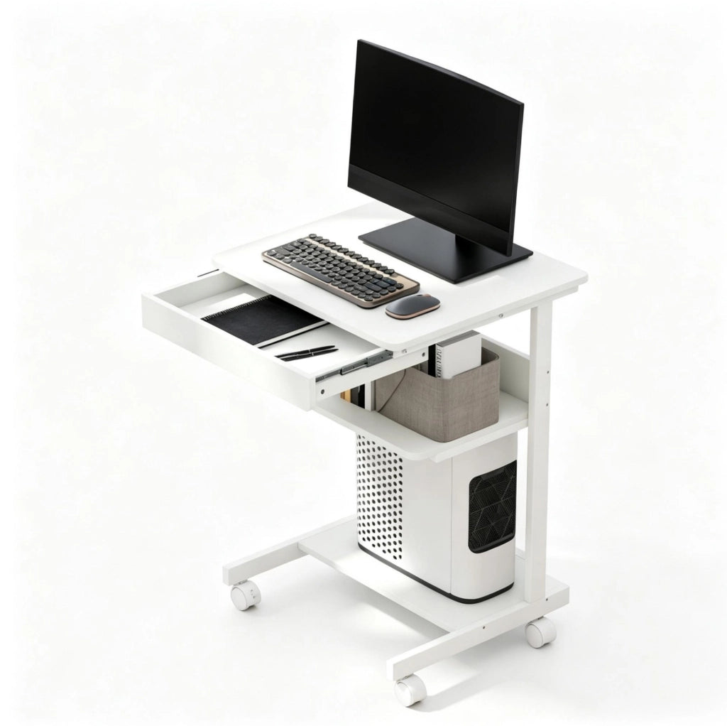 Scrivania per computer bianca con ruote, 56x51x79 cm, con cassetto, ripiano e supporto CPU per ufficio e home office