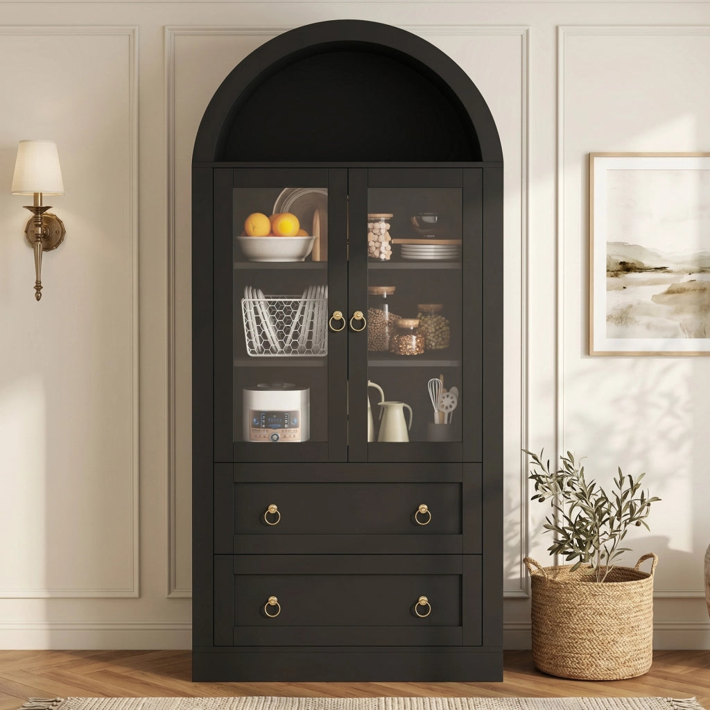 Credenza con ante in vetro, cassetti e ripiani regolabili per cucina e soggiorno, nero, 80 × 36 × 170 cm