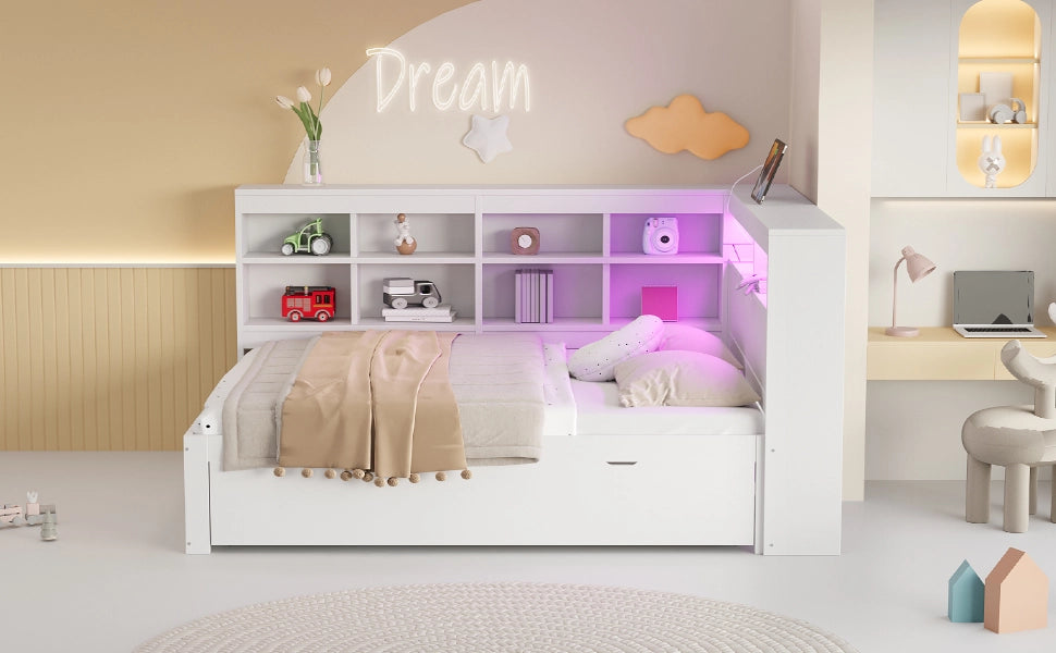 DESMIU Letto con contenitore 140 × 200 cm 2 posti con USB, LED, ripiani e vani, senza materasso, in legno, bianco