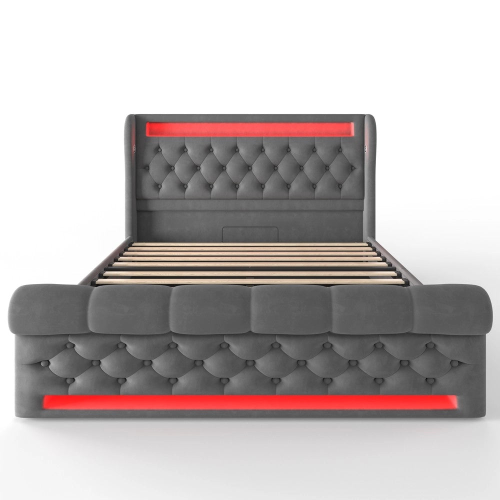 Letto Contenitore Matrimoniale Imbottito con LED ¨C MINIMAL ¨C Grigio, Velluto, 160x200