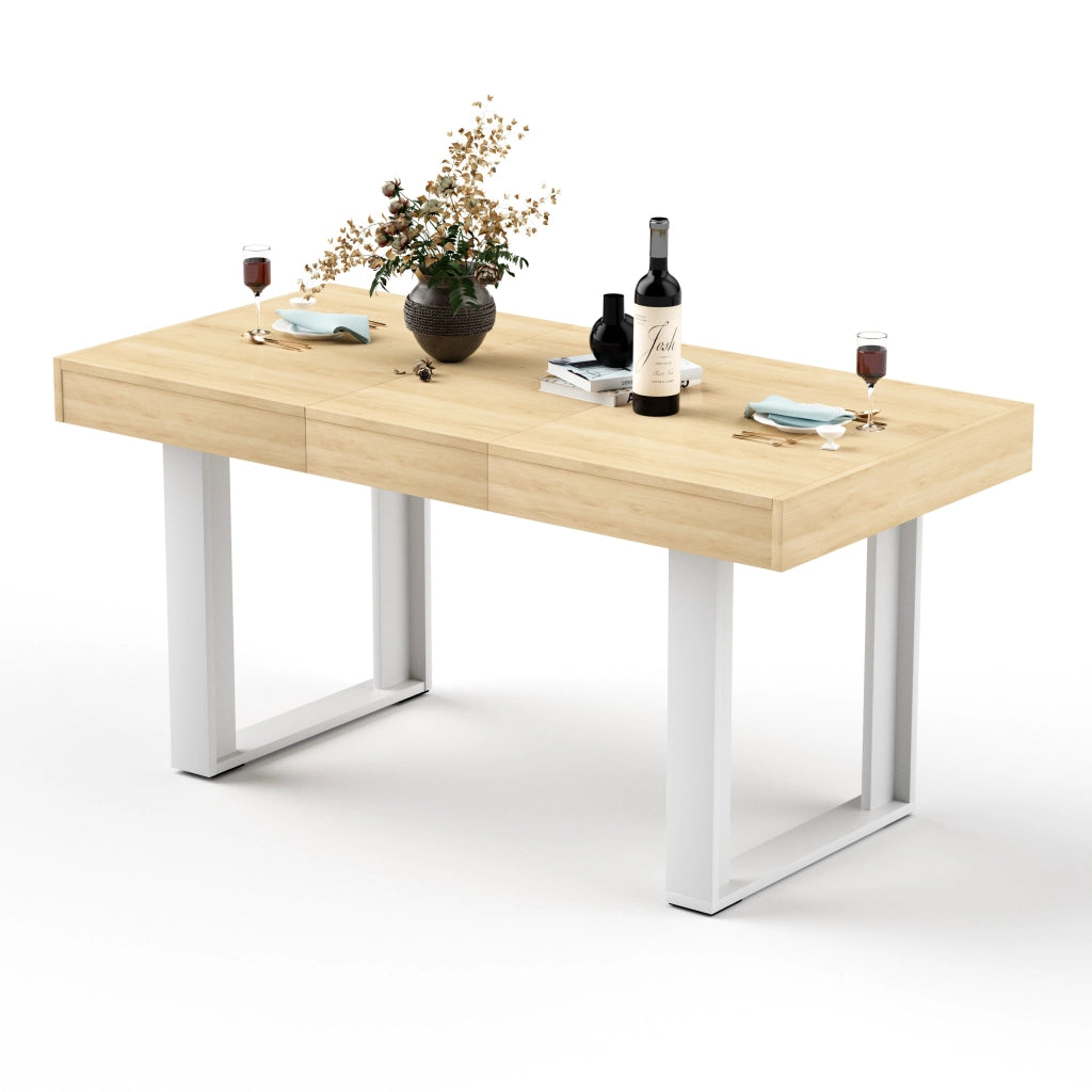 Tavolo allungabile per 8 persone con piano in truciolare, stile retrò, per cucina e sala da pranzo, naturale e bianco