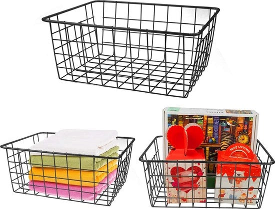 Tre pezzi di contenitore di archiviazione con maniglie, cesta metallica, cassa di rete universale per cucina, bagno, magazzino, 28 x 18 x 12 cm (nero)