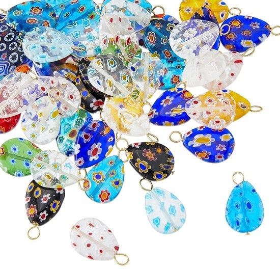 Set di 48 Pendenti a forma di Lacrima Millefiori in Vetro con Occhi in Acciaio Inossidabile