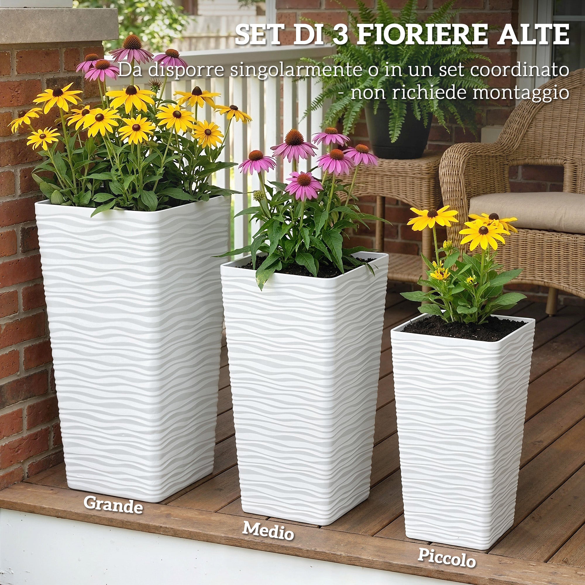 Set 3 Vasi da Esterno 42-55-65 cm Impilabili con Motivo Ondulato in Plastica Bianco