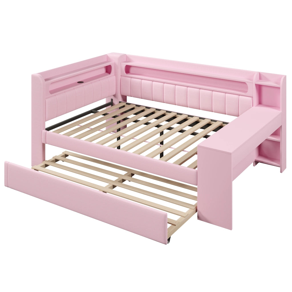OKWISH Letto Divano Letto 3 Posti con USB, LED Regolabile, Scrivania e Letto Estraibile 140×200 cm e 90×190 cm, senza Materasso
