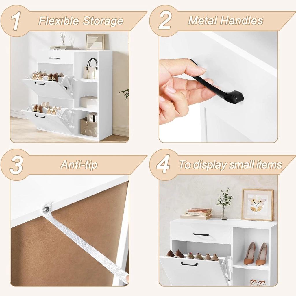 Scarpiera a Ribalta, Scarpiera da Ingresso con Ripiani Aperti, Porta Scarpe con Cassetto, Organizer per Scarpe, Stivali, in Legno, Bianco, 80,2x30x90 cm