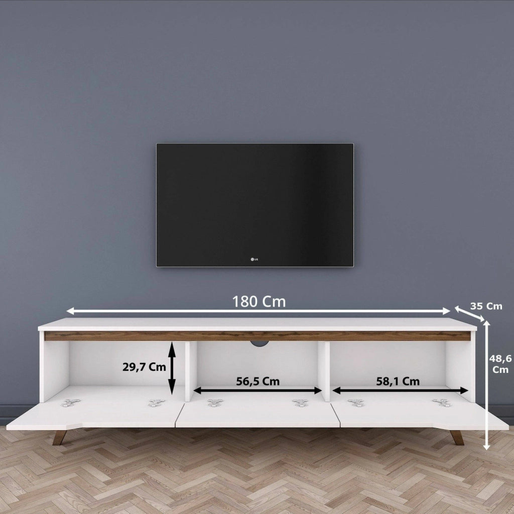 Mobile porta TV Apatite, Credenza da soggiorno, Armadio basso per TV, Base parete attrezzata, 180x35h49 cm, Bianco e Noce