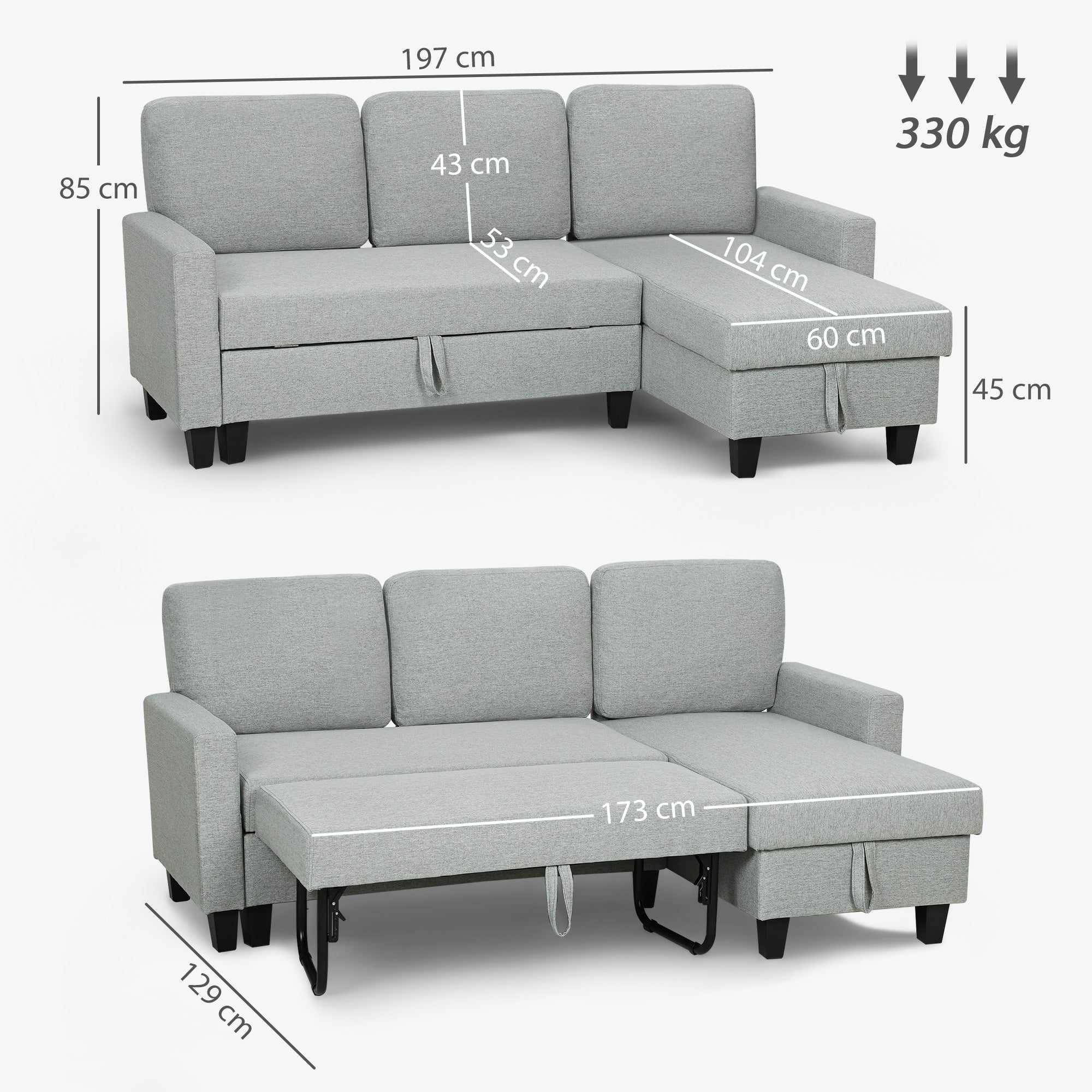 Divano Letto 3 Posti 197x129x85 cm con Chaise e Spazio Contenitore in Tessuto Effetto Lino Grigio e Nero