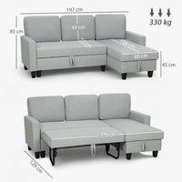Divano Letto 3 Posti 197x129x85 cm con Chaise e Spazio Contenitore in Tessuto Effetto Lino Grigio e Nero