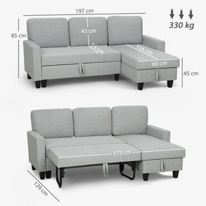 Divano Letto 3 Posti 197x129x85 cm con Chaise e Spazio Contenitore in Tessuto Effetto Lino Grigio e Nero