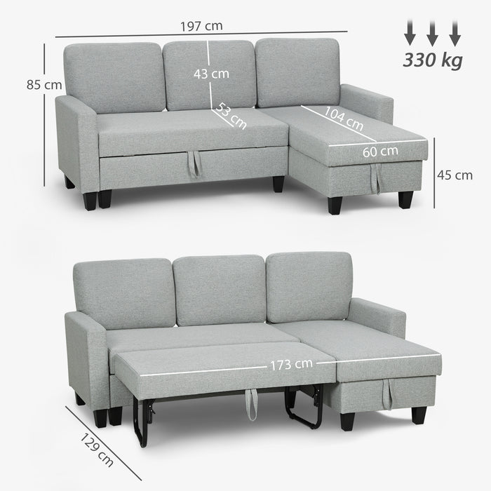 Divano Letto 3 Posti 197x129x85 cm con Chaise e Spazio Contenitore in Tessuto Effetto Lino Grigio e Nero