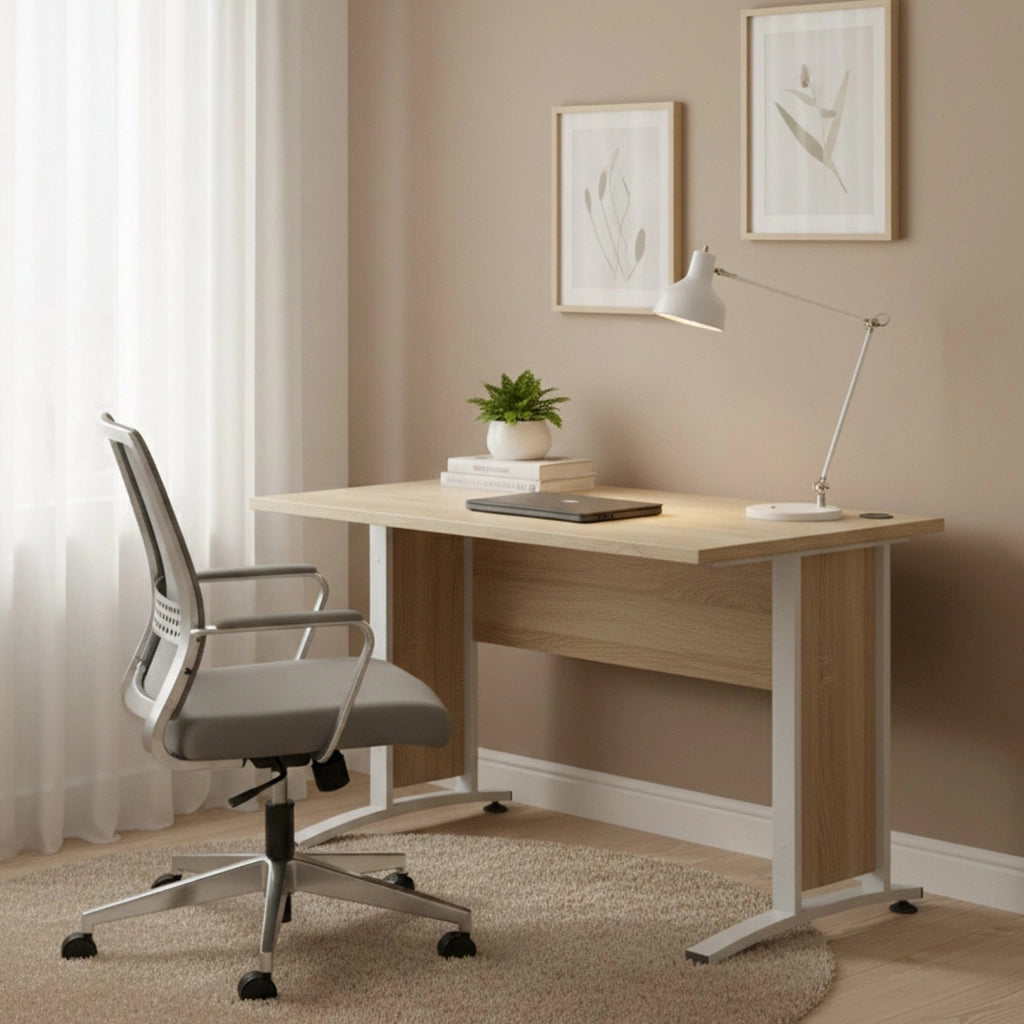 Scrivania Amigos, Scrittoio multiuso, Tavolo per ufficio porta PC, Piano di lavoro, 120x80 h75 cm, Quercia e Bianco