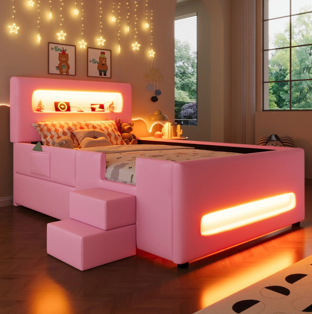 Letto a piattaforma imbottito 90x200 cm con cassetto; LED; PU e MDF; rosa
